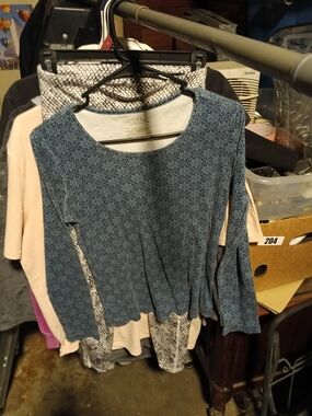 Time and Tru Blue Long-Sleeve Scoop Neck Top with Subtle Floral Medallion Print